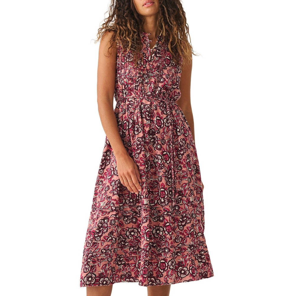 Faherty Isha Sleeveless Linen Blend Pink Floral Midi Dress with Pockets Size L